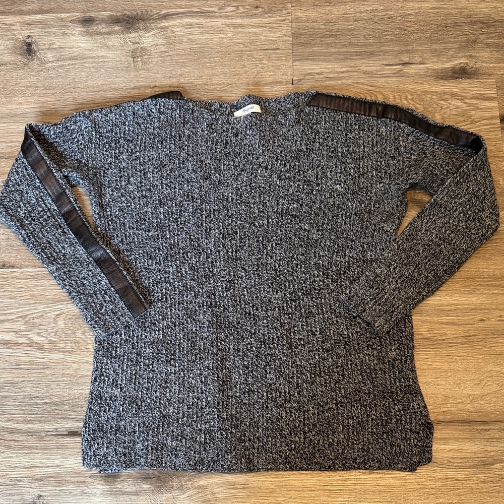 Madewell Marled Wool Gray Sweater Black Leather Stripe Arm Accents Size XS